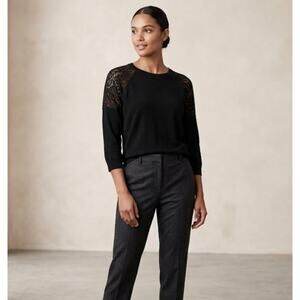 Banana Republic Black Crewneck Sweater Sheer Lace Shoulder Detail Womens S